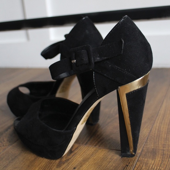 4'' Suede Chunky Heels with Gold Detailing - Picture 3 of 4